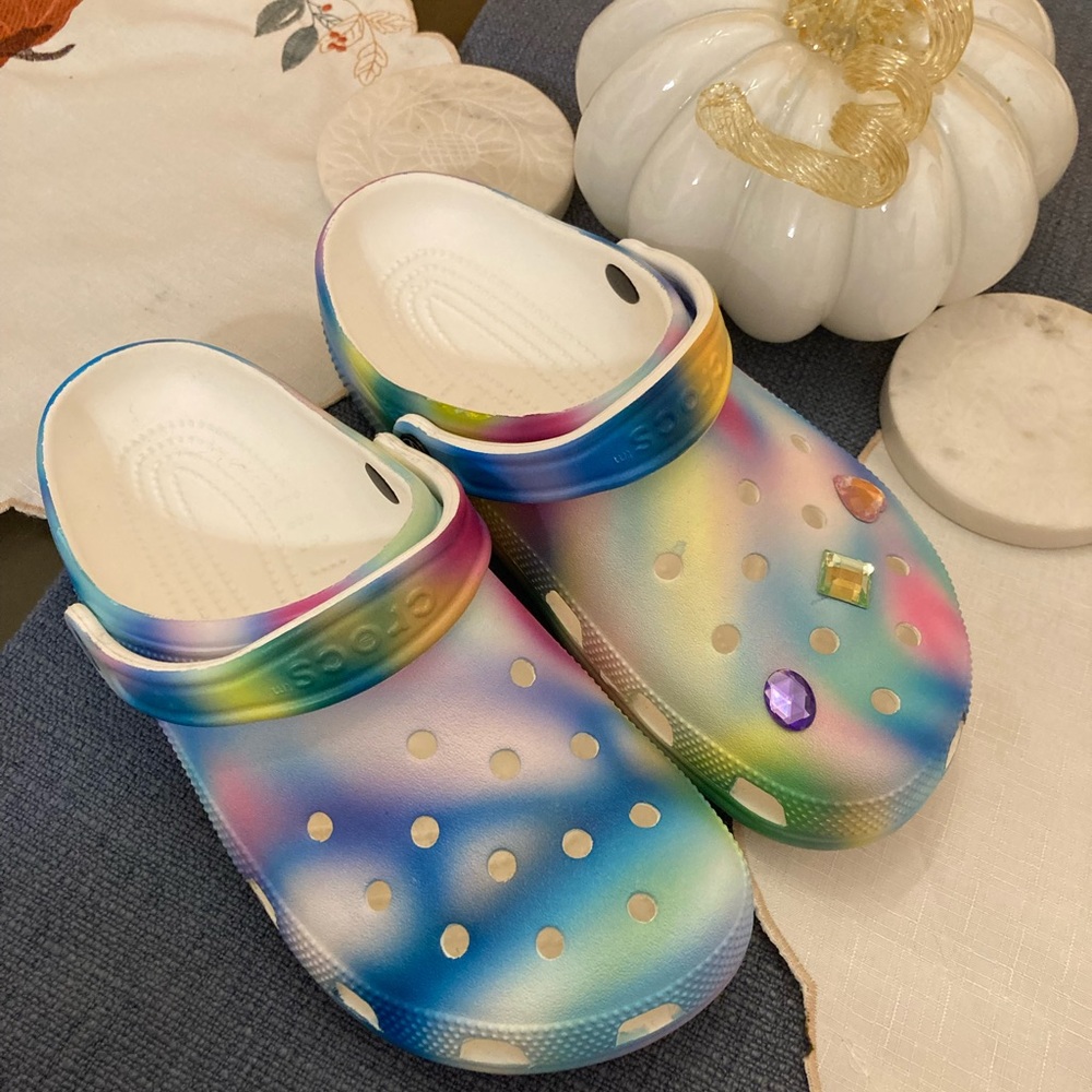 Tie-dye Crocs with 3 gem Jibbitz!